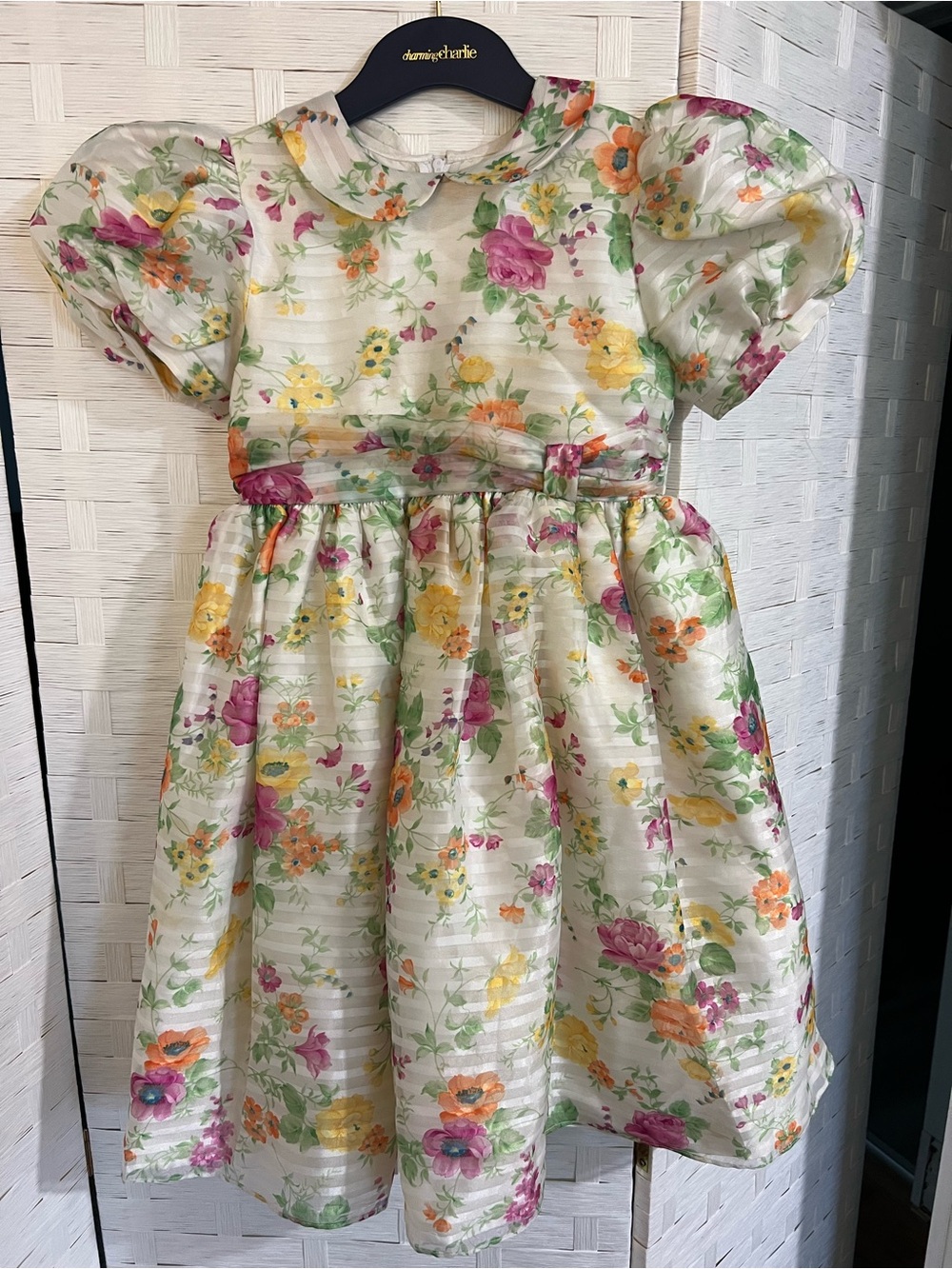 Classic Floral Party Dress for Girls - Ivory with Pink, Yellow & Orange Flowers